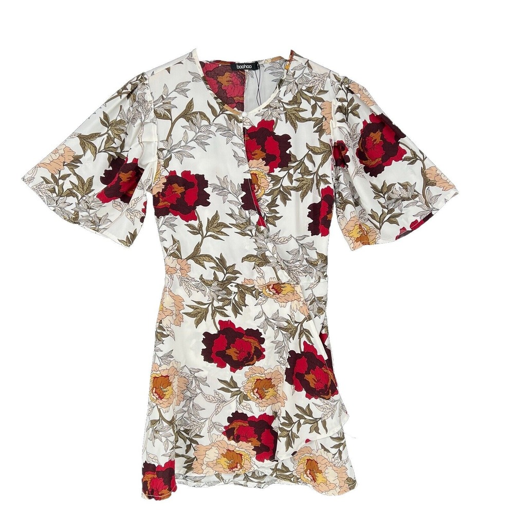 Boohoo Ivory Floral Mini Wrap Dress Ruffle Bell Sleeve Size 4 Y2K Kimono Style